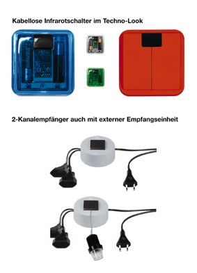 Infrarot-Schalter gibt es in vielen Farben und Designs. Der 2-Kanalempfänger wird an der Steckdose angeschlossen und ist nach 10 Sekunden betriebsbereit. Für den Einbau in Möbel gibt es Empfänger mit externer Empfangseinheit