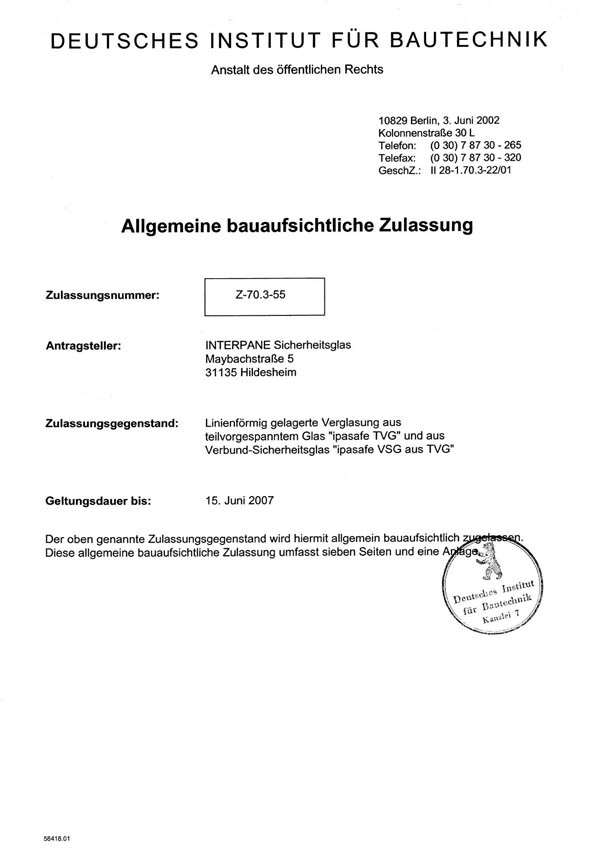 Klicken zum vergrößern! Allgemeine bauaufsichtliche Zulassung für teilvorgespanntes Glas (TVG)